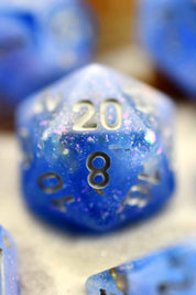 Atlantis - Gold and Holographic Flake Acrylic Dice Set - GAMETEEUK