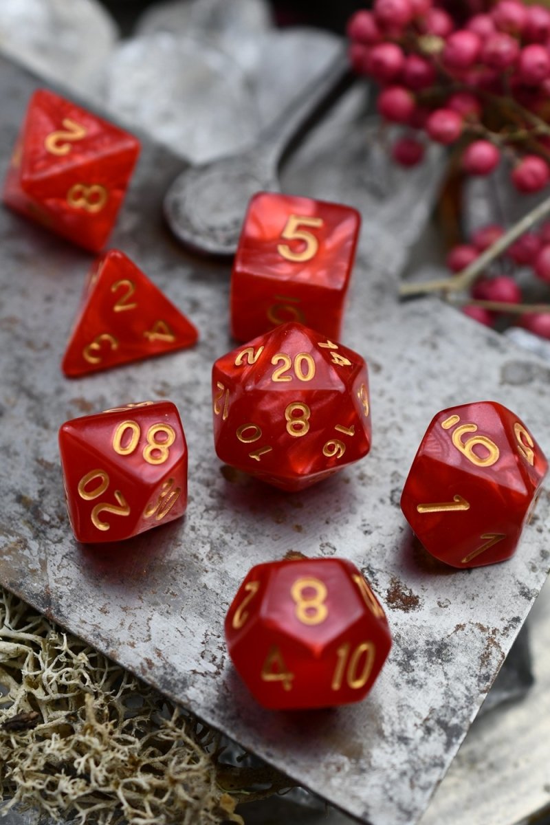 Conjuration - Ruby Lustre-Sheen Acrylic Dice Set - GAMETEEUK