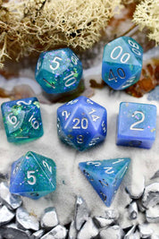 Deep Lagoon - Gold and Holographic Flake Acrylic Dice Set - GAMETEEUK