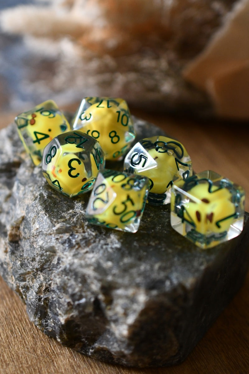 Hen, Chick and Eggs - Acrylic Dice Set with Bonus XL d20
