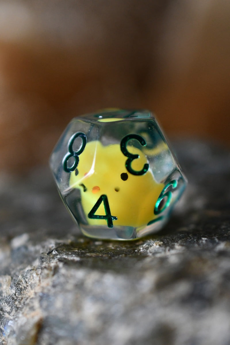 Hen, Chick and Eggs - Acrylic Dice Set with Bonus XL d20