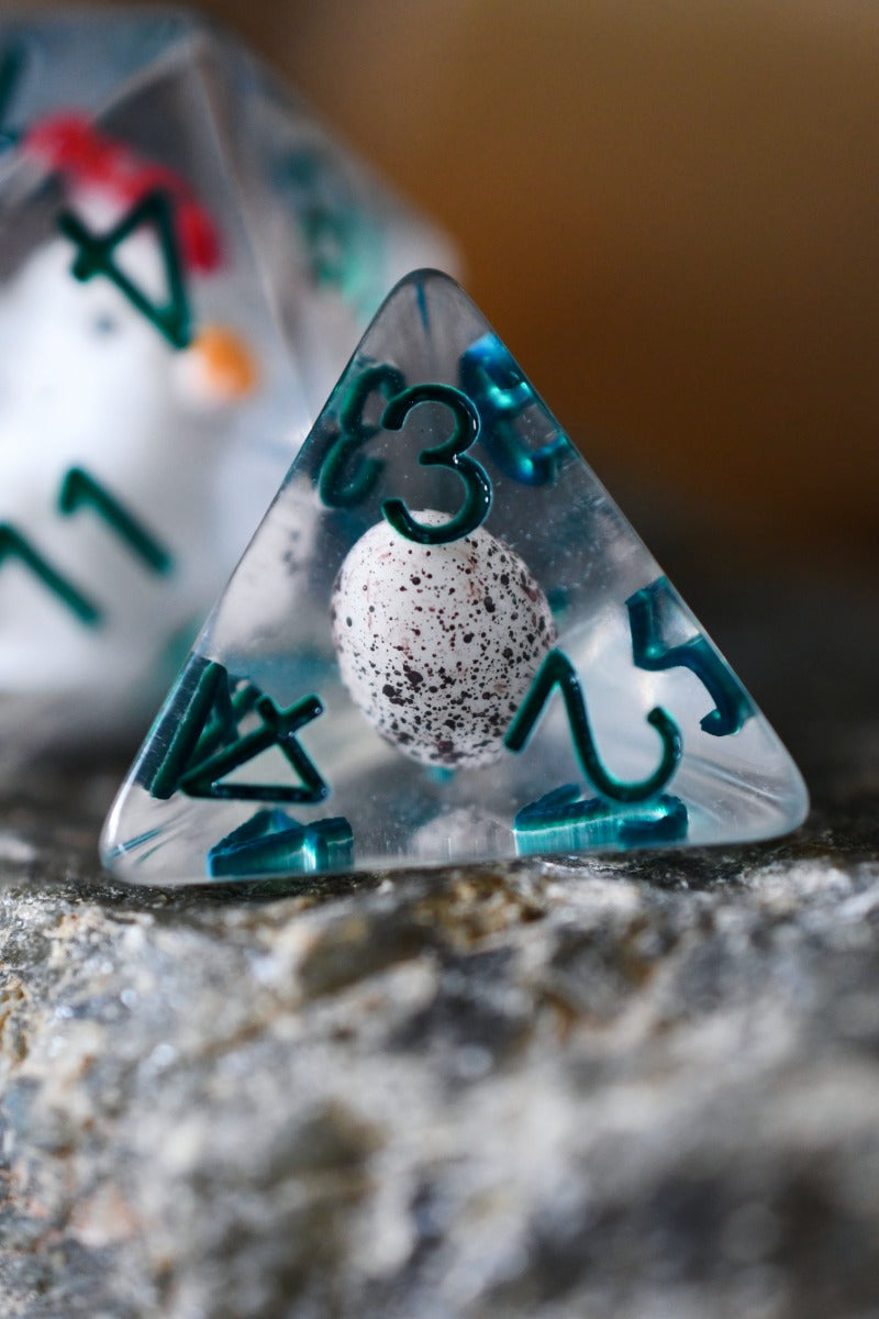 Hen, Chick and Eggs - Acrylic Dice Set with Bonus XL d20