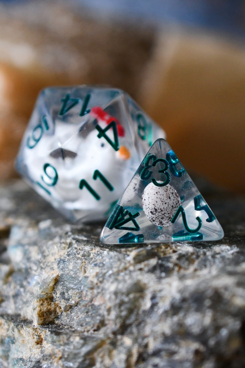 Hen, Chick and Eggs - Acrylic Dice Set with Bonus XL d20
