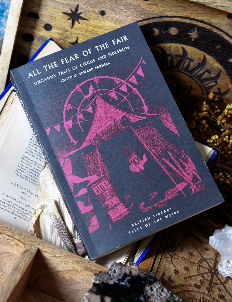 A hardcover book titled "All the Fear of the Fair" lies on a rustic wooden tray surrounded by occult-themed props including crystals, dried herbs, an old book, and a star-patterned coaster.
