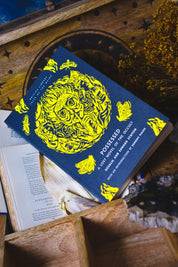A dark blue book titled 'Posessed' with a large yellow circular illustration and yellow text, styled on top of open books in a rustic wooden box with dried flowers.