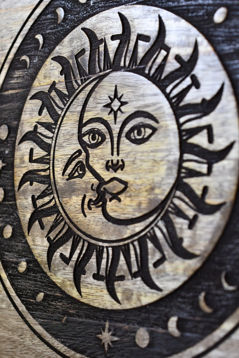 Sun and Moon Carved Wooden Organiser with Drawer