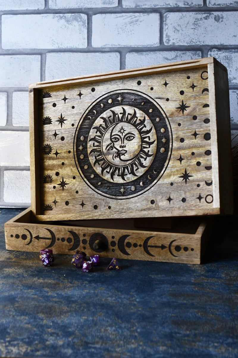 Sun and Moon Carved Wooden Organiser with Drawer