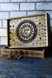 Sun and Moon Carved Wooden Organiser with Drawer