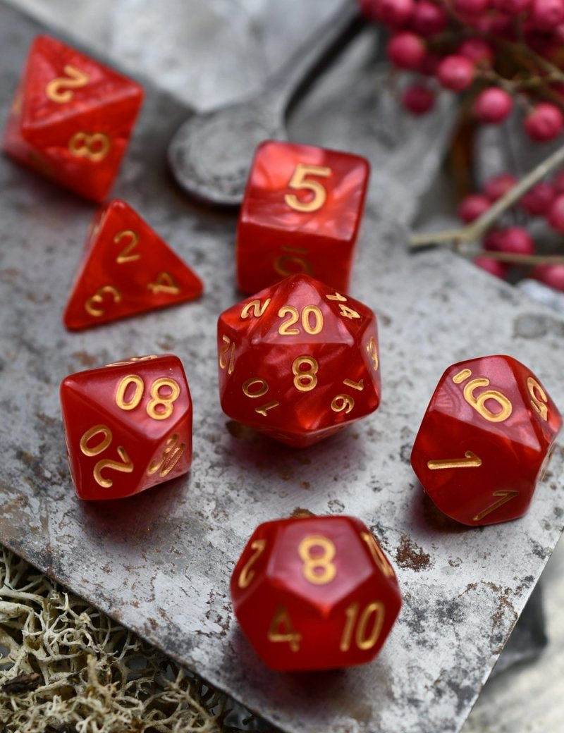 Conjuration - Ruby Lustre-Sheen Acrylic Dice Set - GAMETEEUK