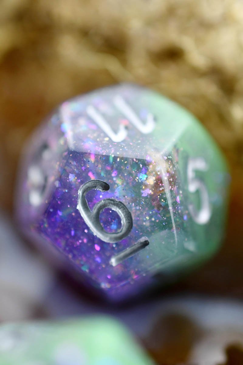 Cosmic Seas - Gold and Holographic Flake Acrylic Dice Set - GAMETEEUK