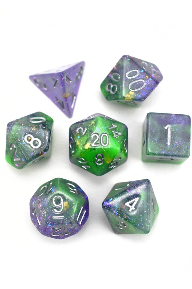 Cosmic Seas - Gold and Holographic Flake Acrylic Dice Set - GAMETEEUK
