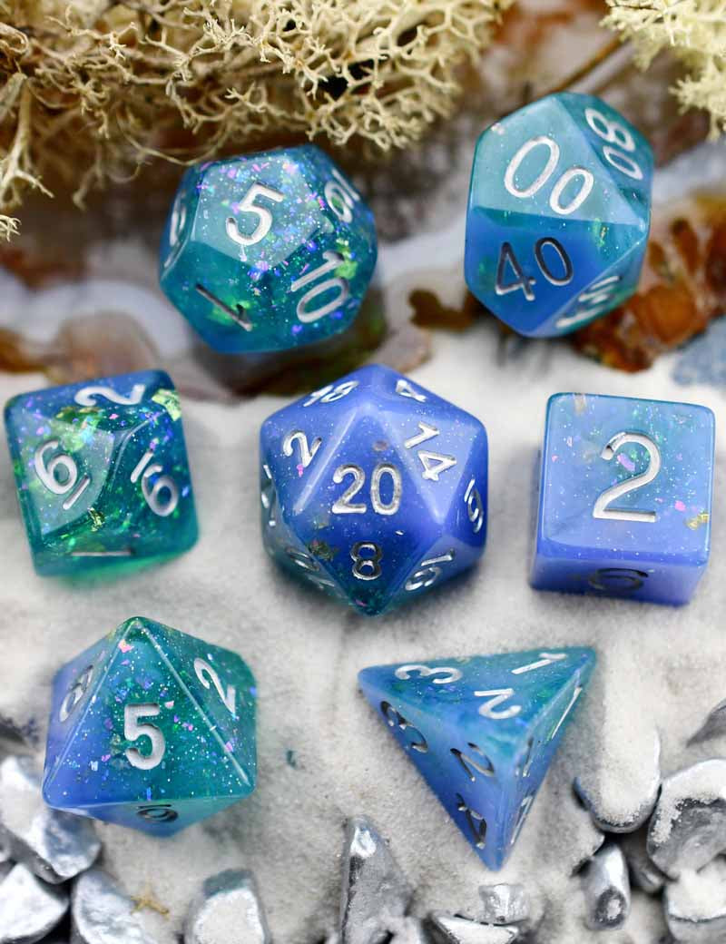 Deep Lagoon - Gold and Holographic Flake Acrylic Dice Set - GAMETEEUK