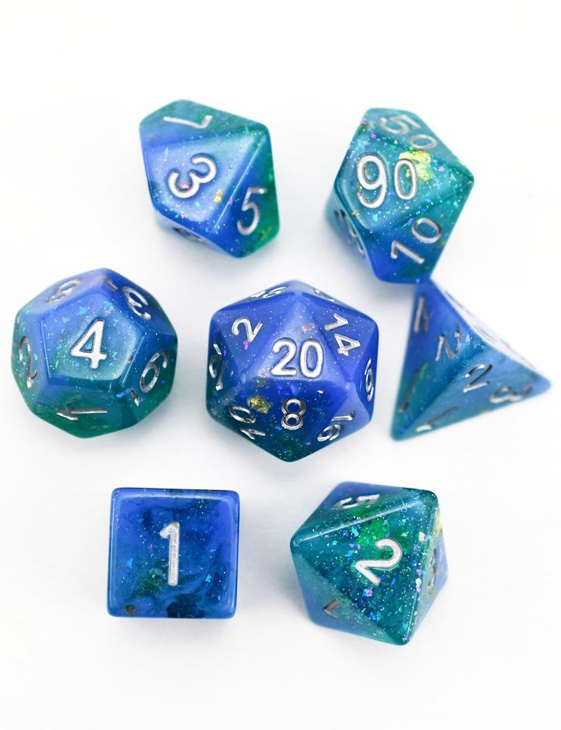 Deep Lagoon - Gold and Holographic Flake Acrylic Dice Set - GAMETEEUK