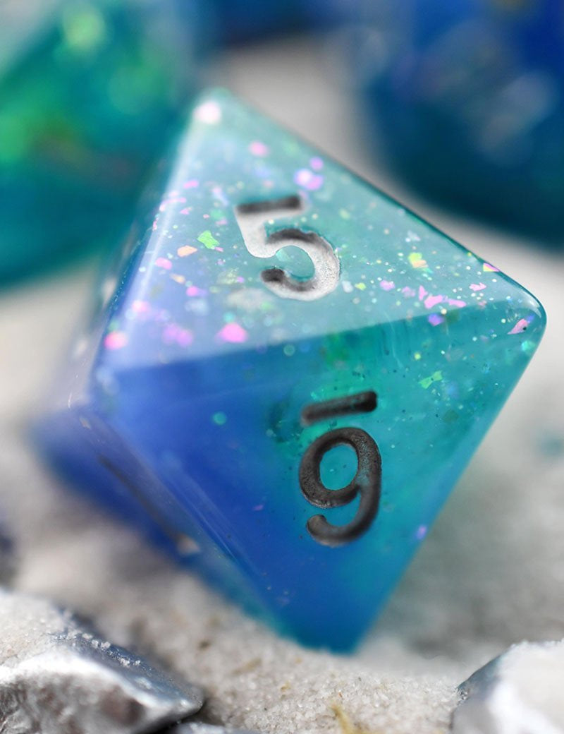 Deep Lagoon - Gold and Holographic Flake Acrylic Dice Set - GAMETEEUK