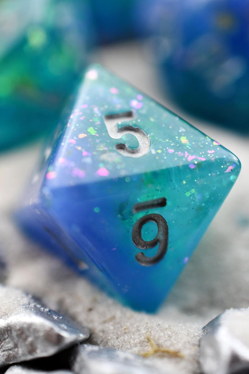 Deep Lagoon - Gold and Holographic Flake Acrylic Dice Set - GAMETEEUK