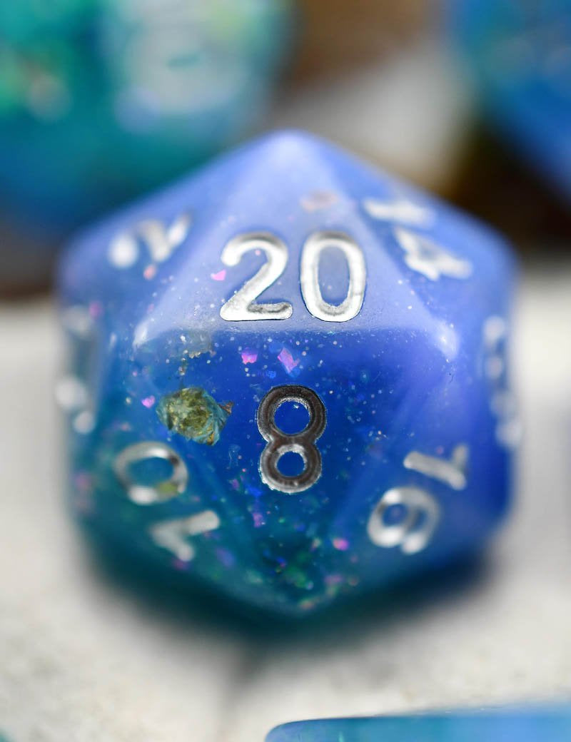 Deep Lagoon - Gold and Holographic Flake Acrylic Dice Set - GAMETEEUK