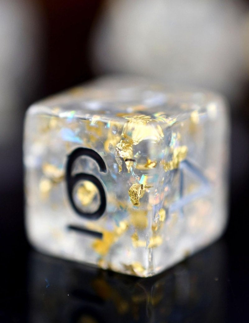 Quintessence of Diamond - 24k Gold Flake Acrylic Dice Set - GAMETEEUK