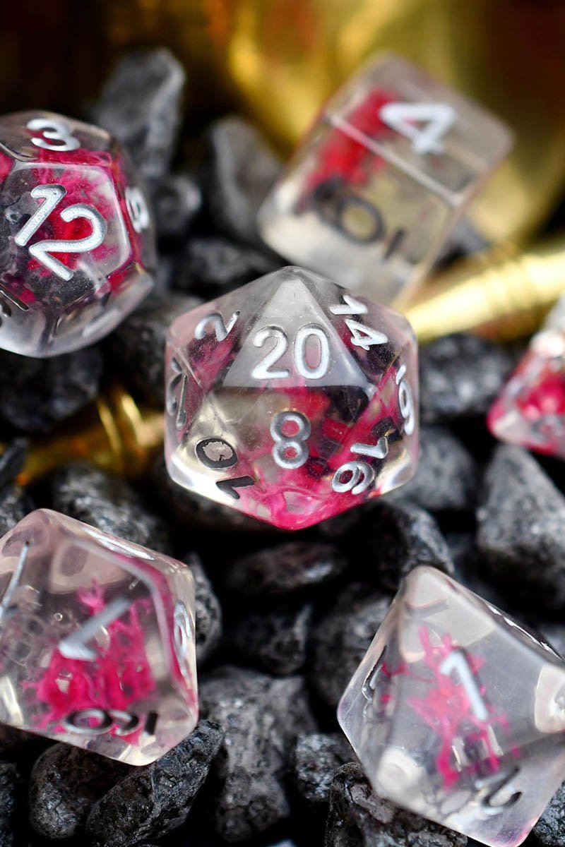 The Red Weed with Real Moss - Acrylic Dice Set - GAMETEEUK